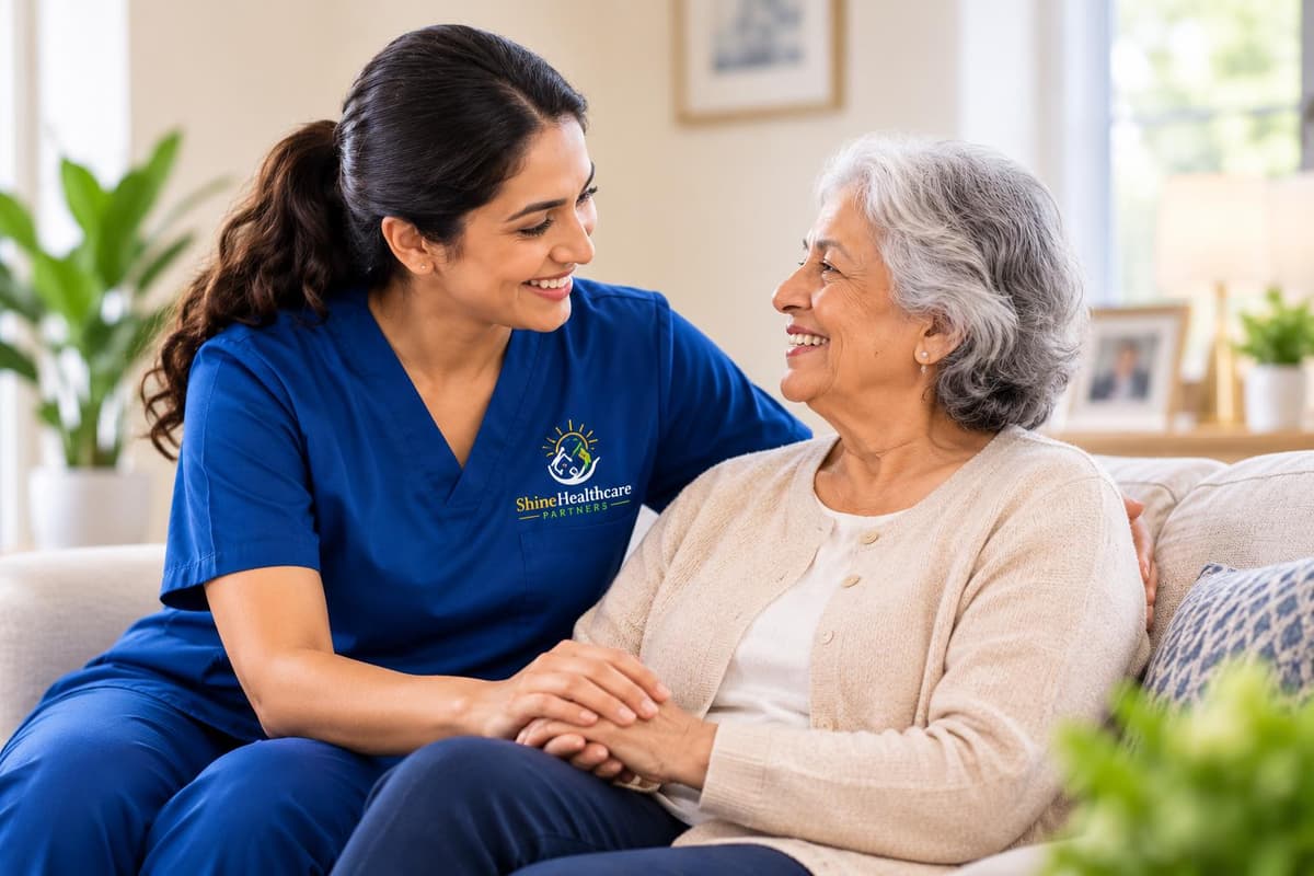 Caregiver sharing tea with a senior client